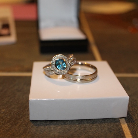 Blue topaz halo wedding set size 8 - 10k white gold